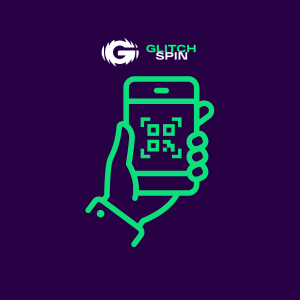 GlitchSpin-Logo mit Hand, die ein Handy hält, und QR-Code auf lila Hintergrund.