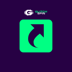 GlitchSpin-Logo mit Aufwärtspfeil-Symbol auf lila Hintergrund.