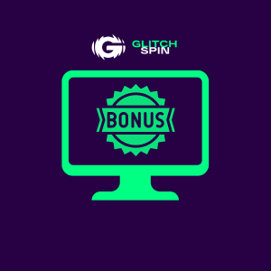 GlitchSpin-Logo mit Monitor und Bonus-Symbol auf lila Hintergrund.