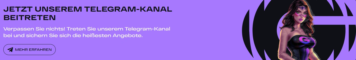 Banner für den Telegram-Kanal von GlitchSpin Casino, wo Sie die neuesten Updates erfahren können