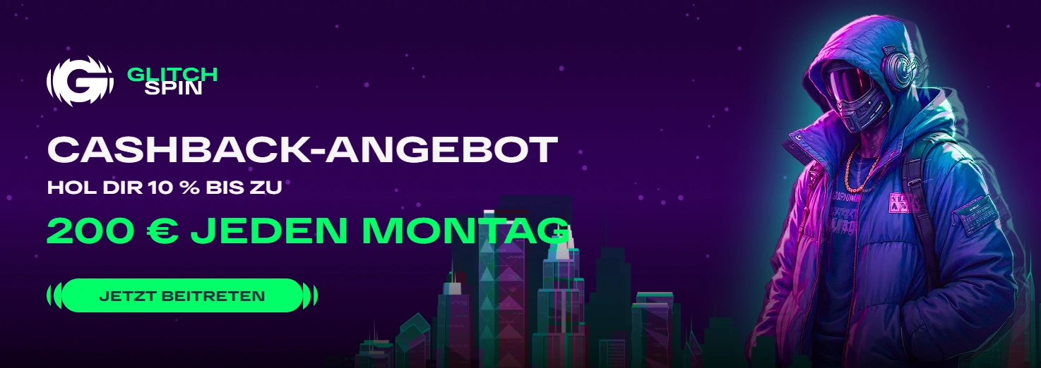 Banner für das wöchentliche Cashback-Angebot bei GlitchSpin Casino.