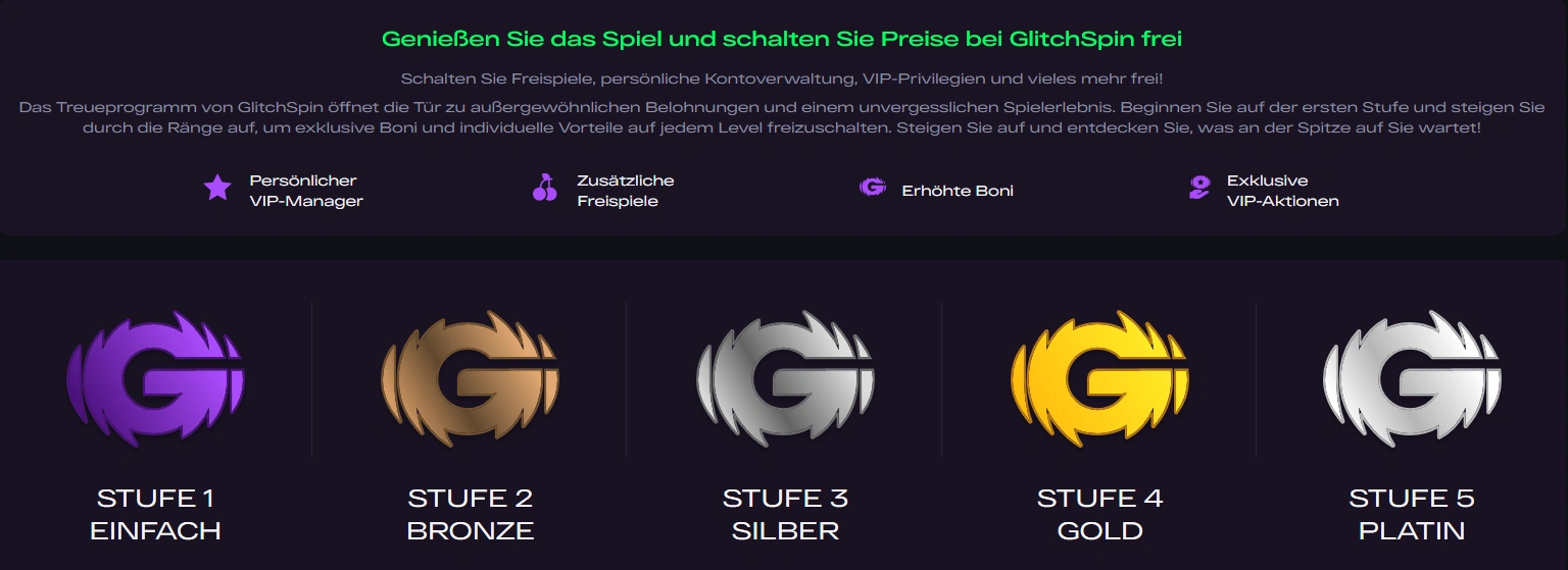 Treueprogramm-Seite von GlitchSpin Casino mit den Vorteilen.