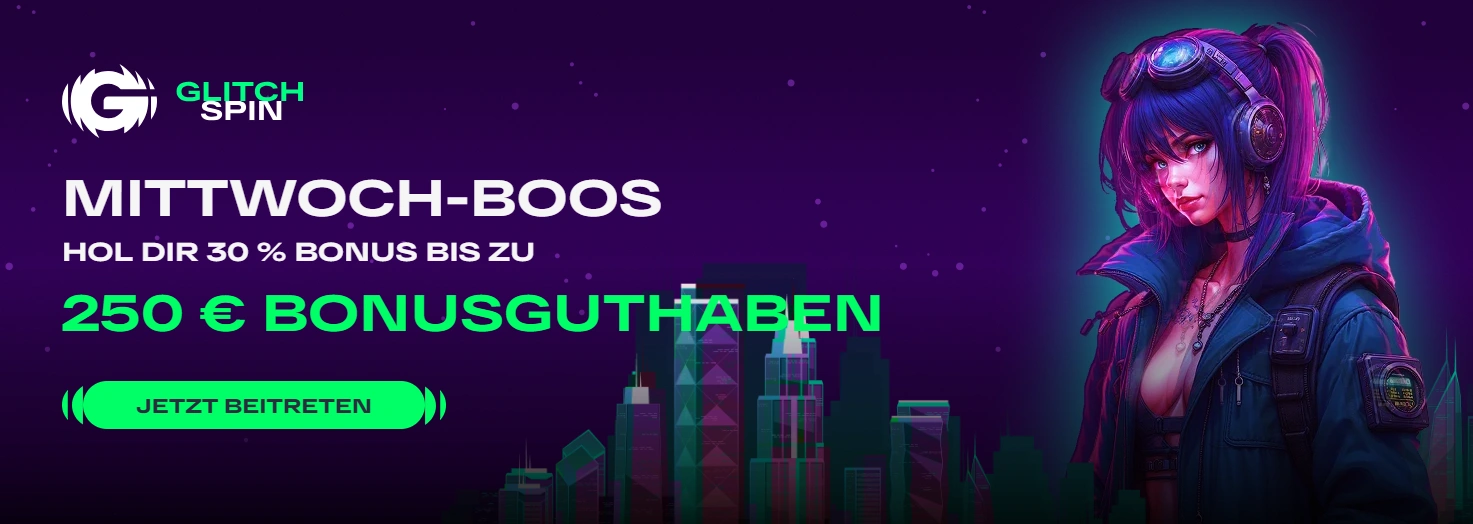 Banner für den Mittwoch Reload-Bonus bei GlitchSpin Casino.
