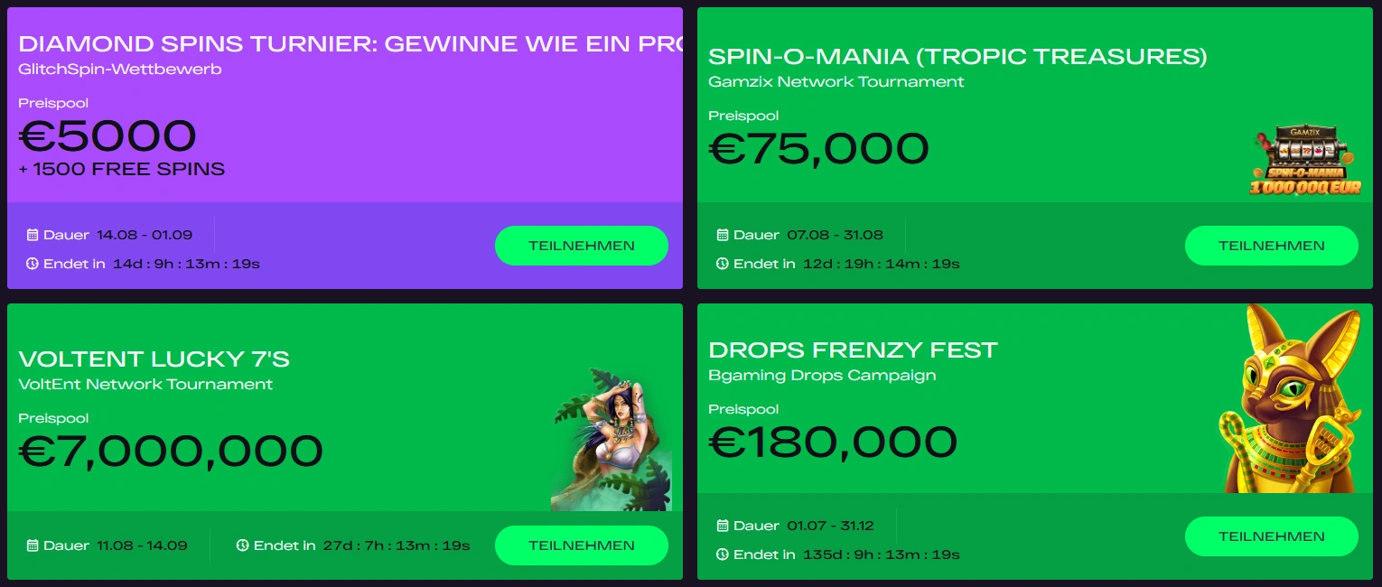 Die Turnierseite von GlitchSpin Casino, auf der die aktuellen Events zu sehen sind.