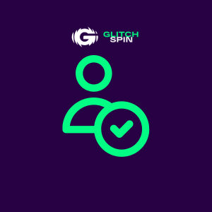 GlitchSpin Logo mit einer Person und Häkchen-Symbol auf lila Hintergrund.