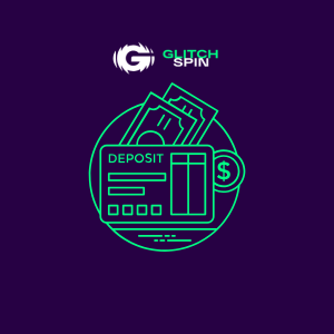 GlitchSpin-Logo mit Geldbörse und Einzahlungs-Textsymbol auf lila Hintergrund.