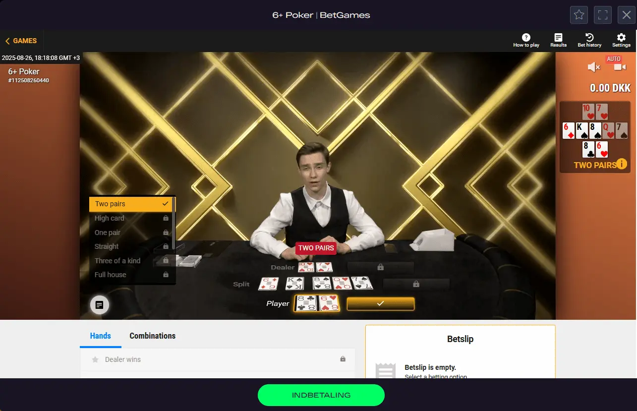 Das In-Game-Menü von Bet on Poker von Playtech bei GlitchSpin.